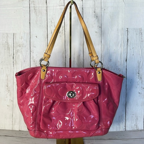 Coach Large Leah Fuchsia/Hot Pink Patent Leather Embossed Tote - Picture 1 of 14